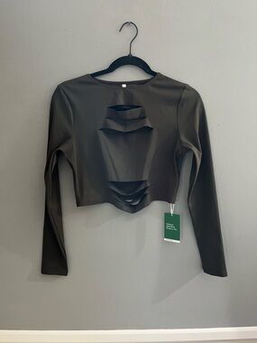 HALARA DayStretch Olive Cutout Ripped Long-Sleeve Crop Casual Top Skinny